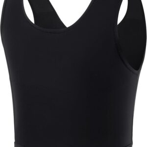 Close-up images of a black half-tank chest binder for trans men and ftm guys. It shows the front of the product and is on a bright white background.