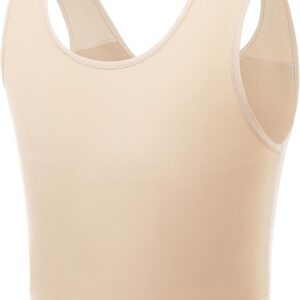 A beige sleeveless ftm binder with a wide neckline and reinforced seams.