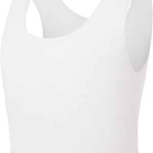 A white, sleeveless compression chest binder with a scoop neckline, displayed against a white background. The trans FTM binder has a snug fit, contoured design, and wide shoulder straps, providing support and coverage.