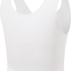 A white sleeveless compression shirt displayed against a plain background. The shirt, often used as an FTM binder for swimming, has a wide shoulder design with a snug, form-fitting cut, typically used for athletic or supportive wear.