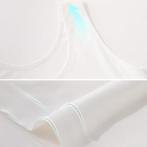 Close-up image showcasing a white, sleeveless ftm trans binder. The top portion highlights an arrow pointing upwards, suggesting ventilation or airflow, while the bottom part focuses on the hemline, emphasizing the fabric’s quality and stitching detail.