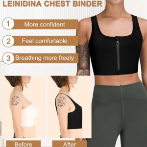 A person wearing a LEINIDINA zippered black ftm chest binder stands confidently. The image highlights three benefits: "More confident," "Feel comfortable," and "Breathing more freely." Below, "Before" and "After" images show the person in different types of binders.