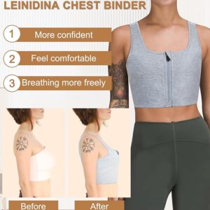 An individual stands wearing a LEINDINA ftm chest binder in light gray with a zipper front. Surrounding the person, text highlights the benefits: "More confident," "Feel comfortable," and "Breathing more freely." "Before" and "After" images are shown at the bottom.