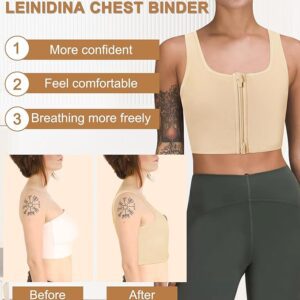 A person wearing a nude/beige trans man chest binder stands confidently. The image highlights the benefits "More confident," "Feel comfortable," and "Breathing more freely." "Before" and "After" side-by-side images show the difference in chest appearance.