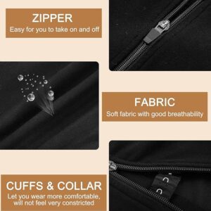 An infographic describing features of a black LEINIDINA ftm chest binder. Includes images of a zippered binder, water droplets on fabric, and the cuffs and collar. Text reads: "Zipper - Easy for you to take on and off. Fabric - Soft fabric with good breathability. Cuffs & Collar - Let you wear more comfortably, will not feel very constricted.