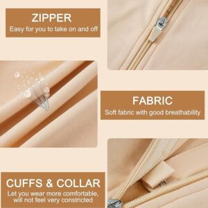 A detailed image illustrating features of a nude/beige ftm chest binder. Top left: a close-up of a zipper with the text "ZIPPER Easy for you to take on and off." Bottom left: fabric with the text "FABRIC Soft fabric with good breathability." Right: cuffs and collar with the text "CUFFS & COLLAR Let you wear more comfortably, won't feel constricted." Ideal for trans men.