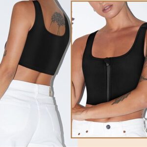 A person wearing a black chest binder with a front zipper and white pants. The image shows both a back view and a close-up of the front, highlighting tattoos on their arm and torso. The zippered ftm chest binder complements the edgy look perfectly.