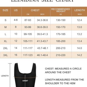 A size chart for LEINDINA with sizes S to 3XL, displaying US size, chest measurements in inches and cm, recommended weight in pounds, and length in inches for each size. An image of a garment with labeled chest and length measurements is shown at the bottom next to a zippered black binder.
