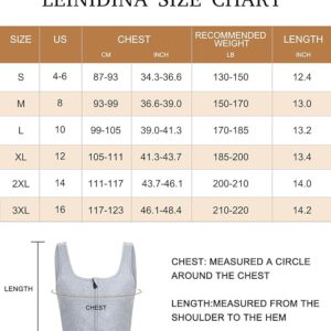 A size chart for LEINDINA featuring different sizes (S, M, L, XL, 2XL, 3XL) with corresponding US sizes, chest measurements, recommended weight, and length. The bottom section shows a gray ftm trans binder with chest and length measurement guides for an accurate fit.