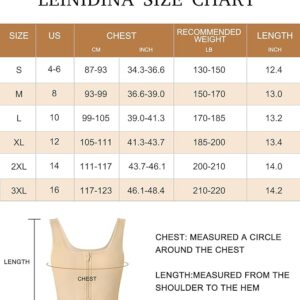 A size chart for "Leindina" ftm chest binders, with sizes ranging from S to 3XL. The chart details measurements for chest (in cm and inches), recommended weight (lb), and length (in inches). An illustration of a vest highlights measurement points for chest and length.