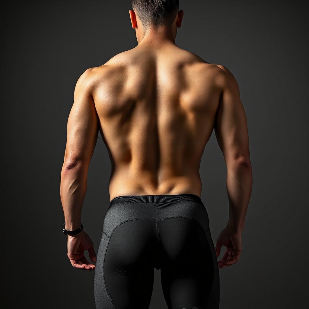 A muscular individual, possibly a trans man, stands with their back facing the camera, showcasing defined back muscles and arms. They are wearing tight, black athletic pants, and the lighting highlights their toned physique against a dark background.