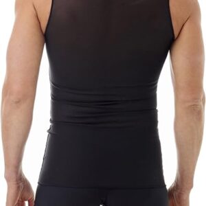 A man is standing with his back to the camera, wearing a black sleeveless compression shirt and matching black compression shorts. The background is plain white, highlighting the sleek design of his Underworks chest binder.