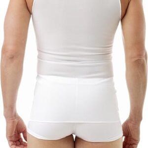 A man wearing a white sleeveless undershirt and white boxer briefs, along with a trans chest binder, stands facing away from the camera, showcasing the back view of the clothing.