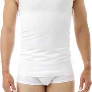 A person is standing wearing a white sleeveless undershirt and white boxer briefs, along with a chest binder. The image displays only the torso and legs, without revealing the face. The background is plain and white, emphasizing the clothing.