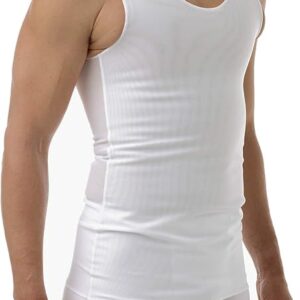 A person is wearing a sleeveless white compression shirt and white boxer briefs, resembling a transmasc binder. The individual's body is shown from the shoulders to the thighs, facing slightly to the side. The background is plain and white.