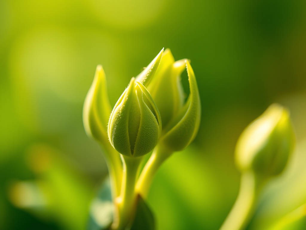 Close-up of three tightly closed green flower buds with a blurred natural background. The buds are in sharp focus, displaying their smooth texture and detailed edges. The image conveys a fresh, serene, and vibrant feel, akin to observing the initial stages of ftm bottom growth in early testosterone changes.