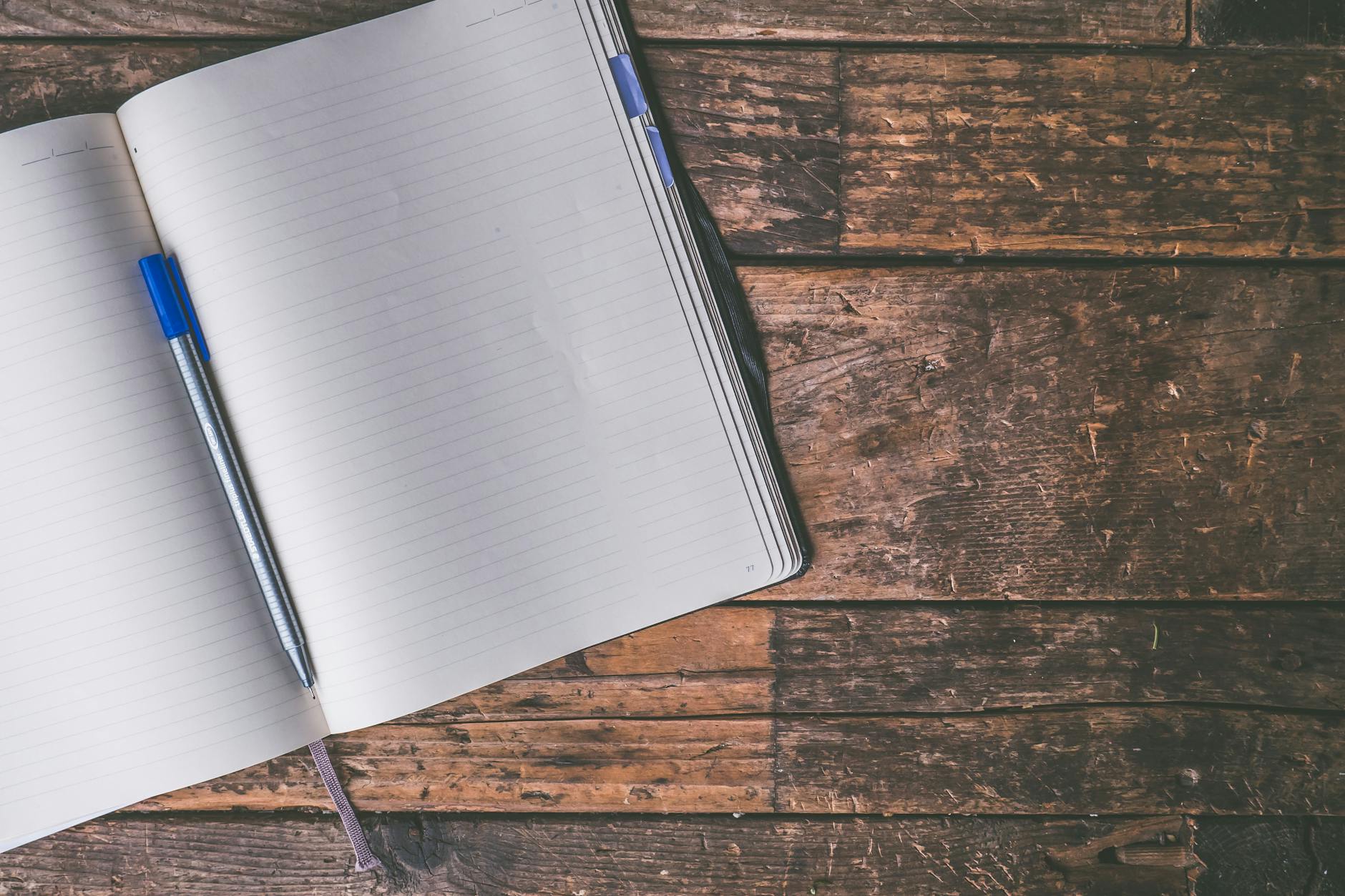 ball point pen on opened notebook, resting on a wooden surface