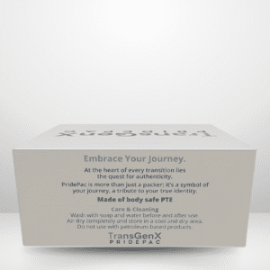 A box with text: "Embrace Your Journey. At the heart of every transition lies the quest for authenticity." Includes a soft packer made of body-safe PTE. Care & cleaning instructions inside. TransGenX PridePac logo at the bottom.
