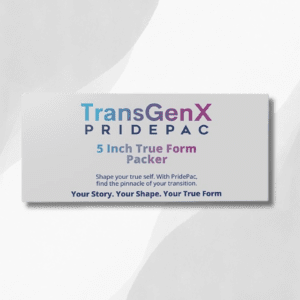A packaging box labeled "TransGenX PRIDEPAC 5 Inch True Form Soft Packer" with a tagline: "Shape your true self. With PridePac, find the pinnacle of your transition. Your Story. Your Shape. Your True Form." The background features a soft gray gradient.