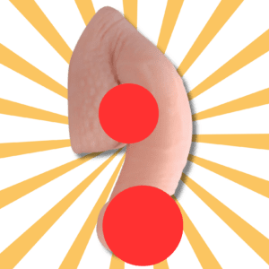 A surreal, soft packer-shaped object with a skin-like texture and two red circles on it for modesty, set against a black background with radiating yellow lines.