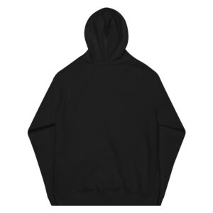 Rear view of an eco-friendly raglan hoodie on a plain white background. The black hoodie boasts a large hood and long sleeves, with no visible logos or designs, offering a minimalist look.