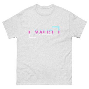 A heather gray unisex classic tee featuring the word "WILD" in a distorted, glitch-style font with blue, pink, and white rectangular accents around the text.