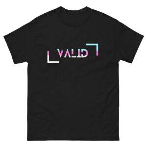 Unisex black classic tee featuring the word "VALID" printed upside down in a modern font. The bold white letters and brackets are accented with pops of pink and blue for a fresh, standout look.