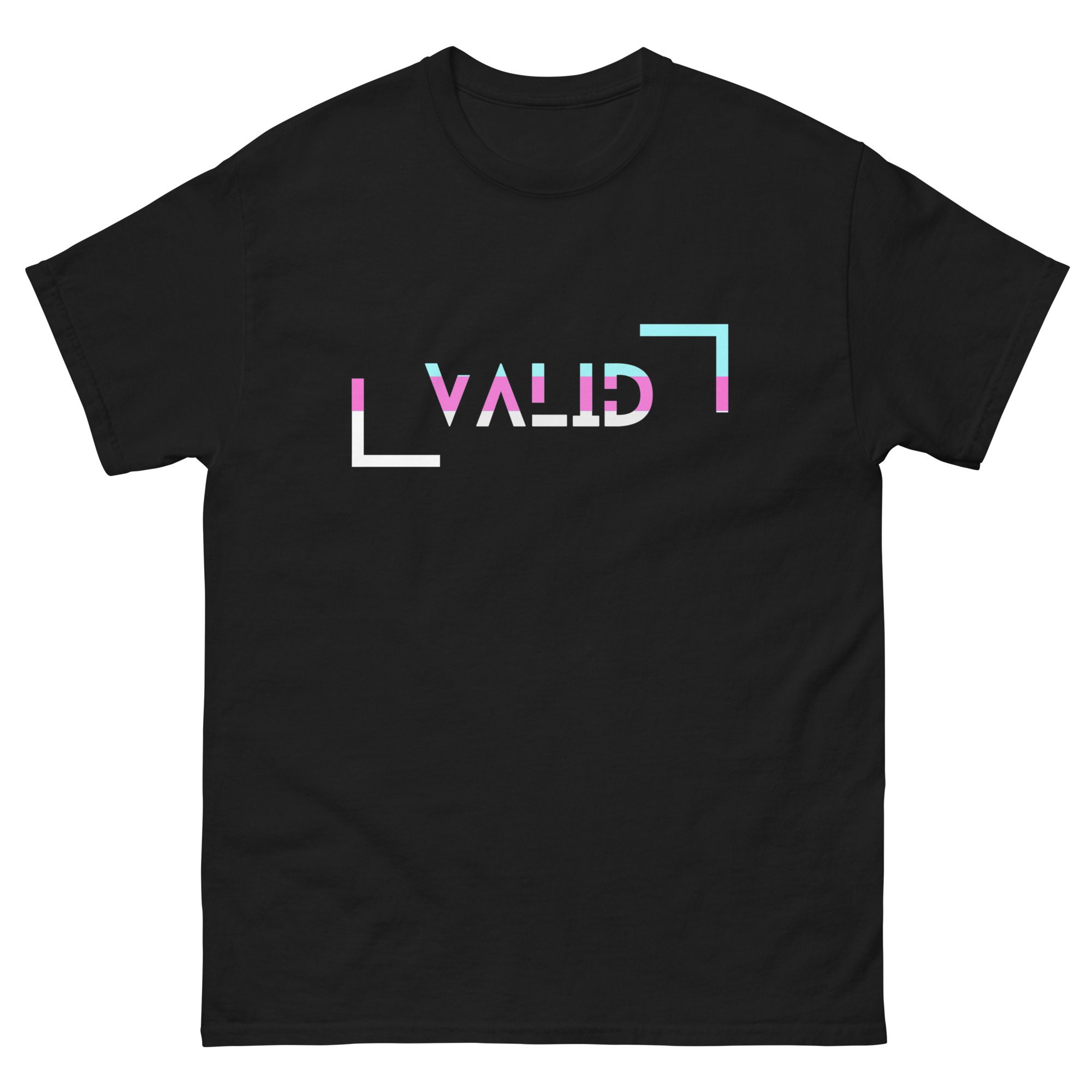 Unisex black classic tee featuring the word "VALID" printed upside down in a modern font. The bold white letters and brackets are accented with pops of pink and blue for a fresh, standout look.