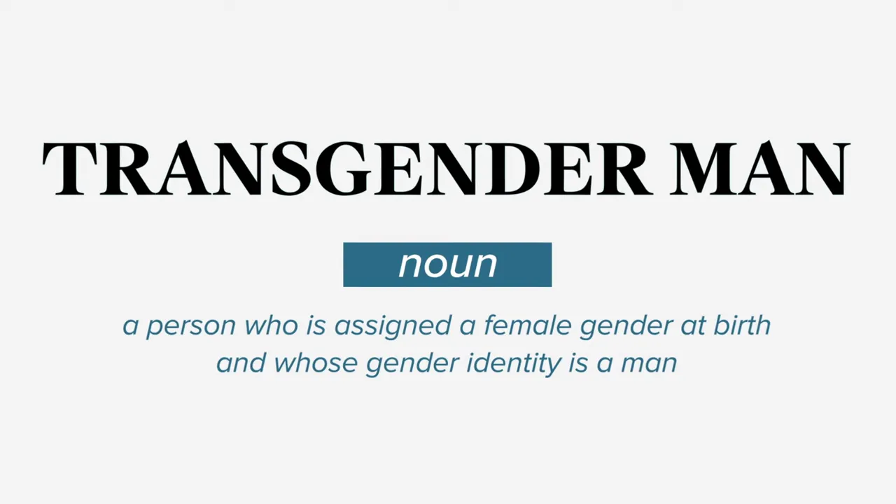 Text graphic with the words: "TRANSGENDER MAN," followed by "noun," and the definition: "a person who is assigned a female gender at birth and whose gender identity is a man.