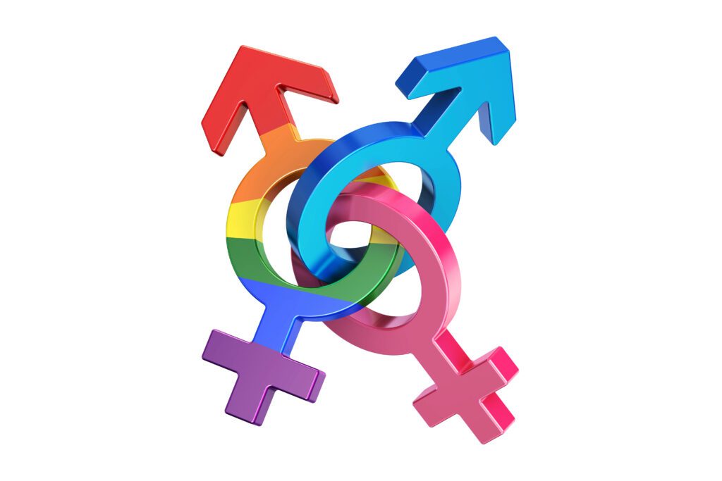 All genders Three interlocking gender symbols with rainbow colors, representing LGBTQ+ pride, diversity, and trans identity. The symbols include male, female, and transgender signs on a white background.