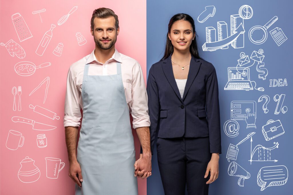 gender roles A man in an apron stands on a pink background with kitchen doodles, and a woman in a suit stands on blue with business doodles; holding hands, they symbolize different gender roles and professions.