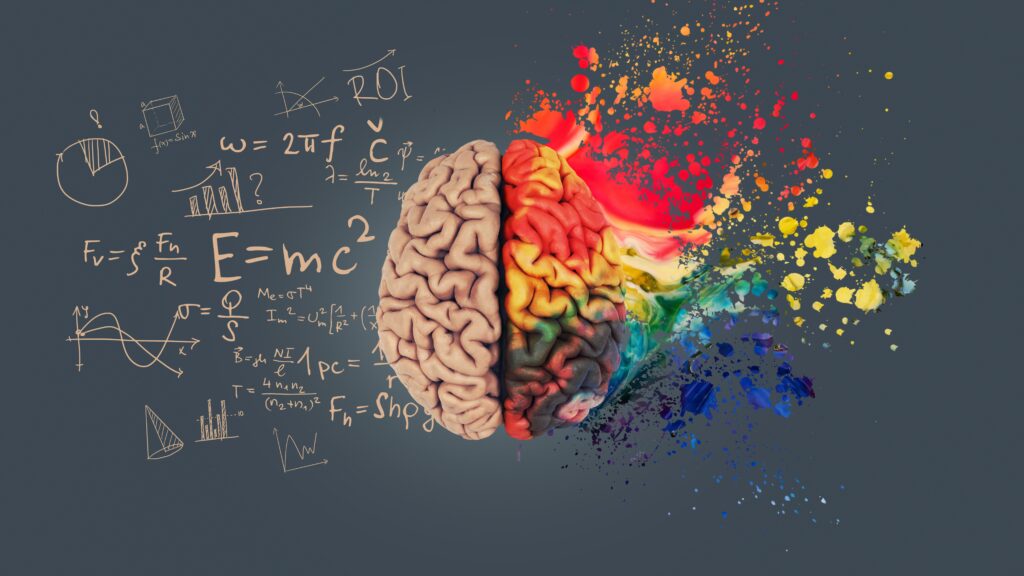 rainbow brain A human brain, left side depicted in grayscale with scientific formulas and graphs, right side colorful with splashes of paint, symbolizing the contrast between analytical and creative thinking within the context of gender science.
