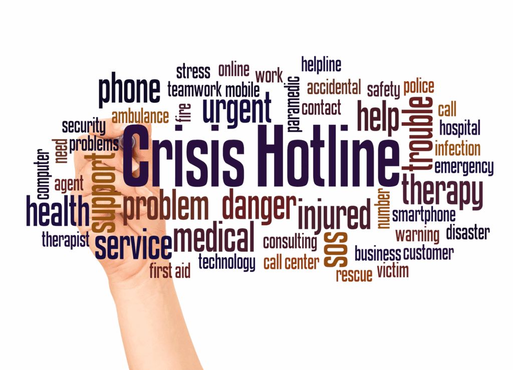 A hand holds a transparent board with a word cloud featuring terms like "Crisis Hotline," "support," "resources," "urgent," "health," "medical," "danger," "help," and "service"—highlighting vital lifelines for Transmasculine individuals.