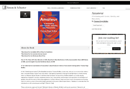 Amateur Screenshot of a book page on Simon & Schuster’s website featuring “Amateur” by Thomas Page McBee—a standout among trans masculine books—with the book cover, summary, mailing list signup, and a request form for an exam or desk copy.