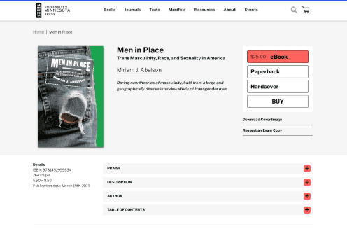 Men in place Screenshot of a book listing for “Men in Place” by Miriam J. Abelson, featured among trans masculine books on the University of Minnesota Press site, showing the cover with jeans, eBook price of $25, and options for Paperback and Hardcover.