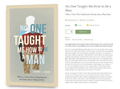 No One Taught Me A book cover titled “No One Taught Me How to Be a Man” by Shannon T. L. Kearns, one of the notable trans masculine books, appears next to an online product page displaying the book’s price, author, description, and green “Add to Cart” button.