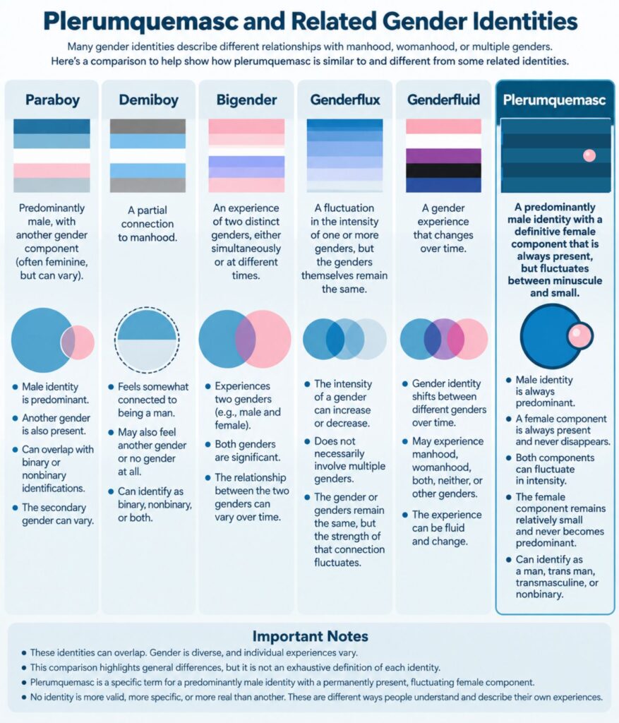 Six-column educational infographic comparing paraboy, demiboy, bigender, genderflux, genderfluid, and plerumquemasc. Each column includes a pride flag, a brief definition, and distinguishing characteristics. Plerumquemasc is highlighted as a predominantly male identity with a permanently present, fluctuating female component.
