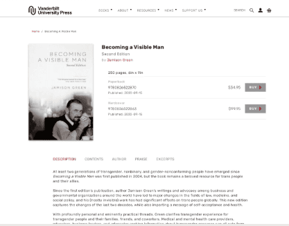 Visible man Screenshot of a book listing for “Becoming a Visible Man” by Jamison Green on Vanderbilt University Press’s website, showing book cover, pricing, and a summary of the book. This influential title is widely recognized among trans masculine books for its insightful exploration of gender identity and personal transformation.