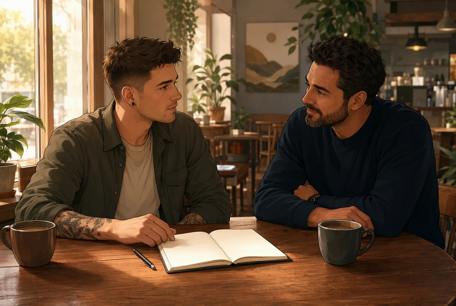 Two men sharing coffee in a welcoming cafe