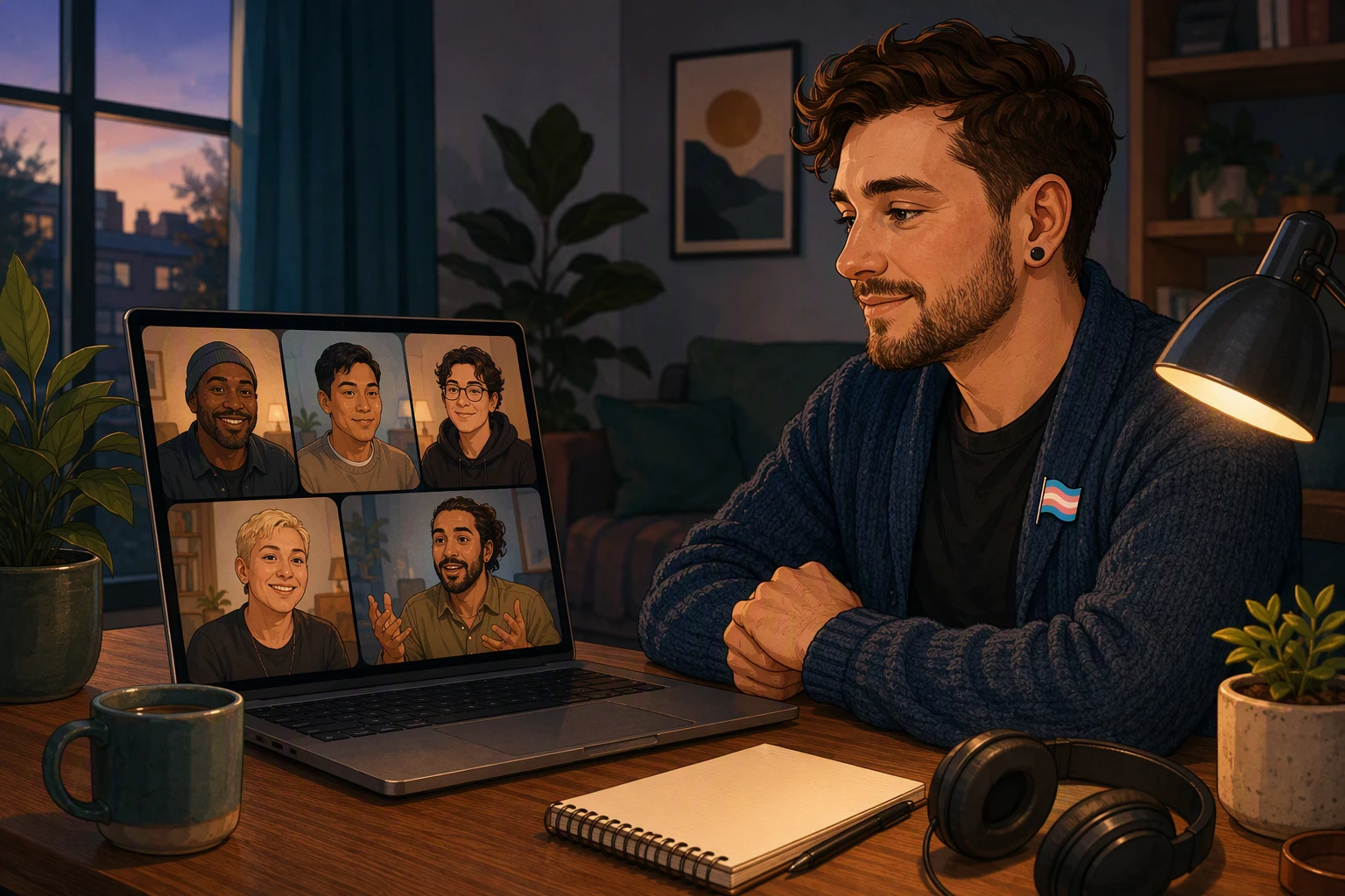 A trans man joins a video call from his home office