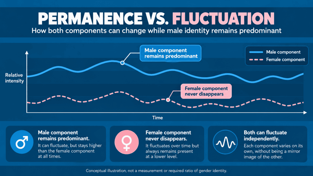 Plerumquemasc infographic titled “Permanence vs. Fluctuation,” showing a solid blue line representing the predominant male component and a lower dashed pink line representing the persistently present female component. Both lines fluctuate independently over time without crossing or reaching zero.