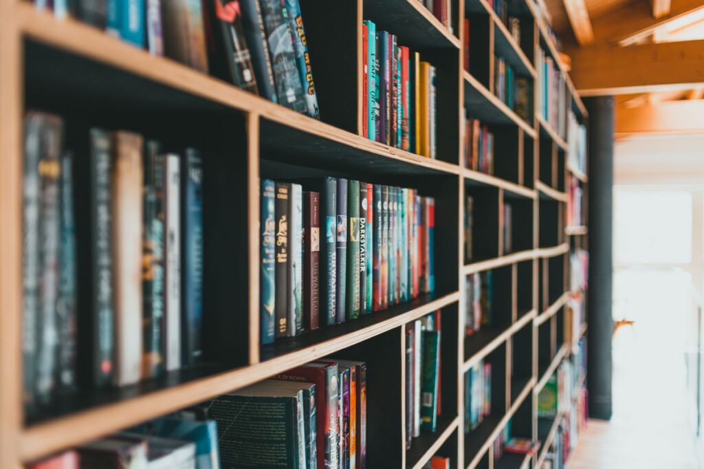 books on brown wooden shelves