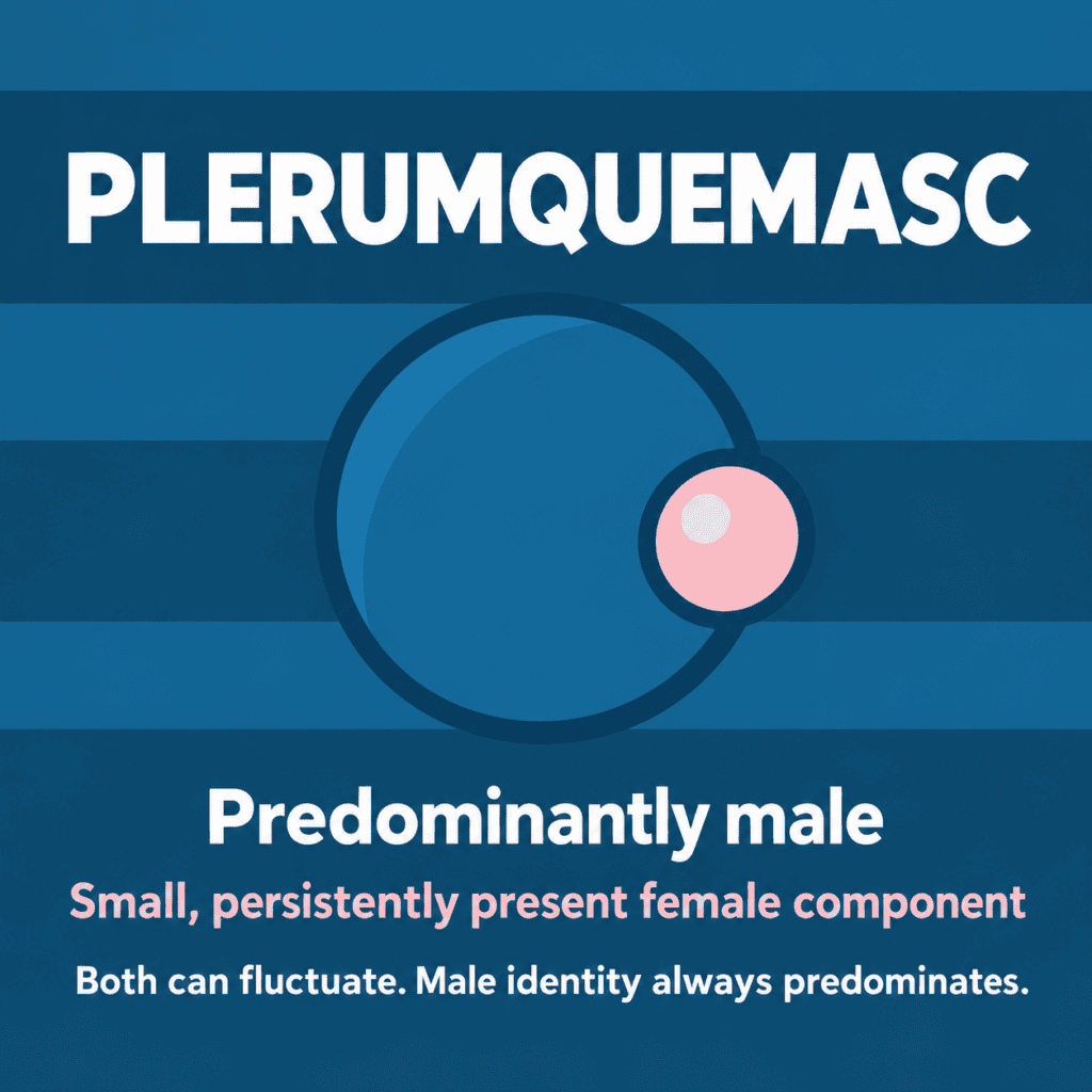Blue plerumquemasc infographic featuring a large blue circle with a smaller pink circle attached to its right side. Text explains that the identity is predominantly male, with a small, persistently present female component, and that both components can fluctuate while male identity remains predominant.