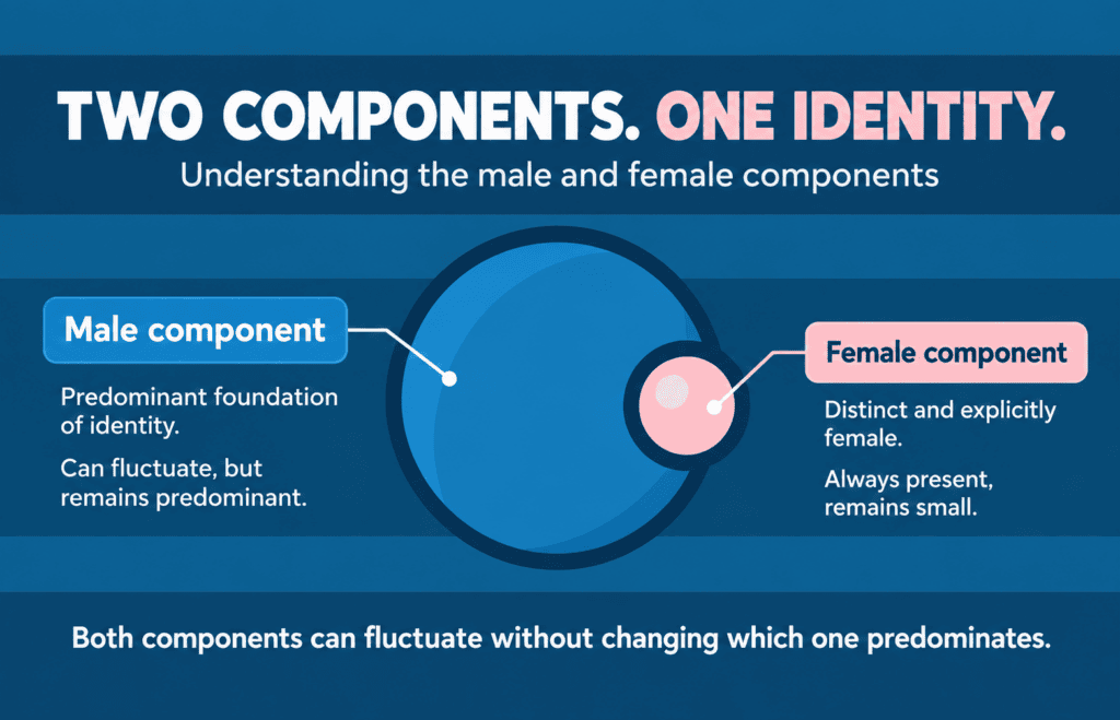Educational infographic titled “Two Components. One Identity.” A large blue circle represents the predominant male component, while a smaller pink circle represents the distinct female component. Labels explain that both can fluctuate while the male component remains predominant and the female component remains small and present.