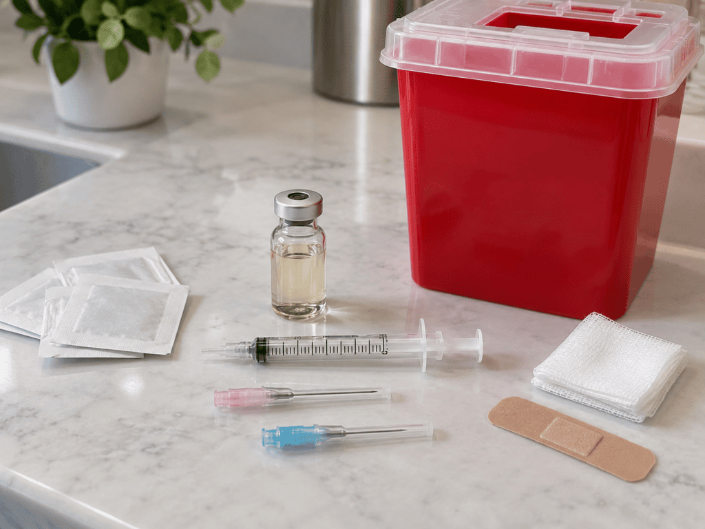 A vial, syringe, two needles, wipes, bandage, gauze, and a red sharps disposal container sit on a marble countertop—essentials for an intramuscular T shot in a bright room.