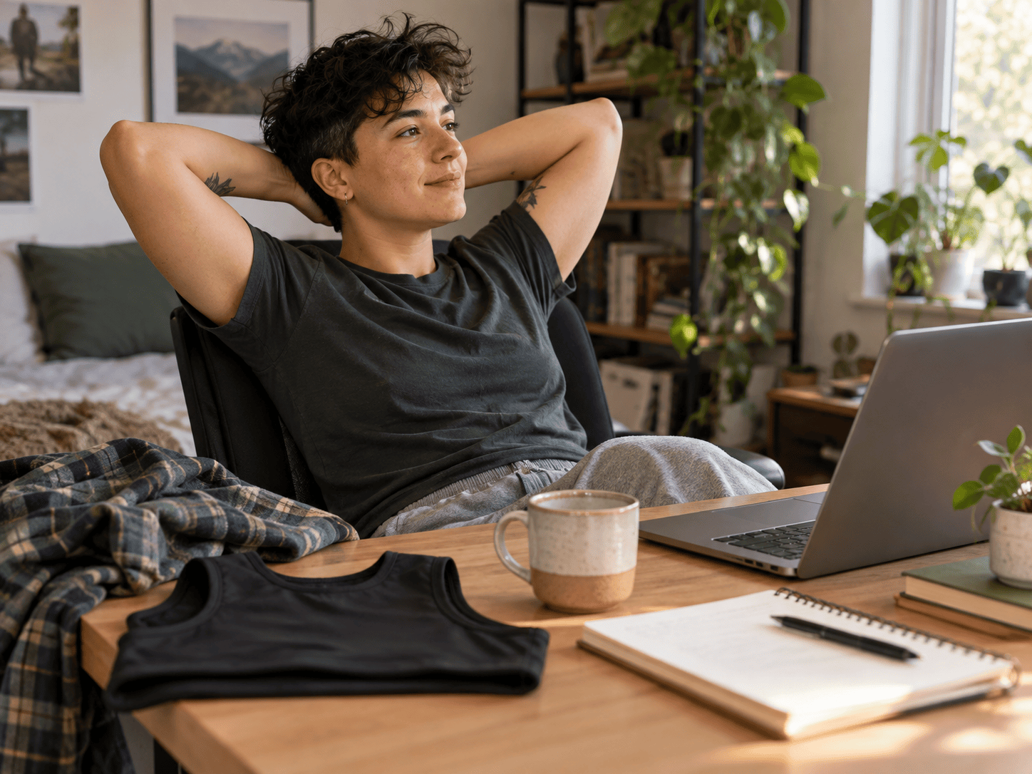 Transmasculine person taking a break from chest binding at a desk with a folded binder nearby