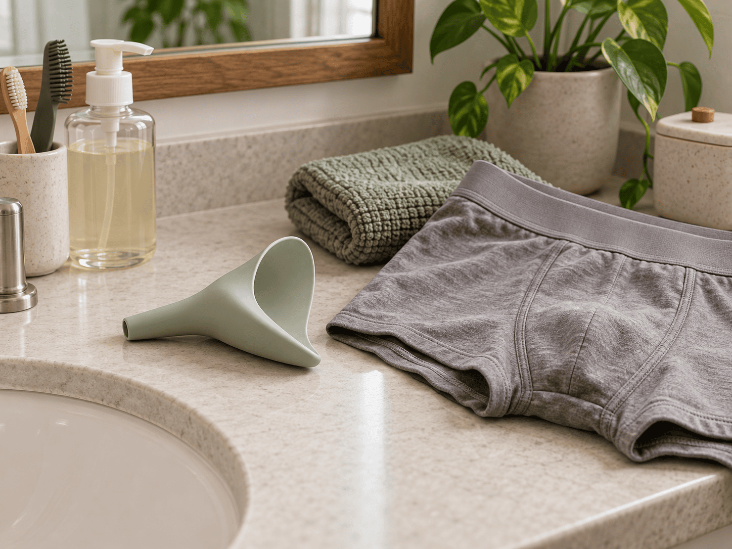 Stand-to-pee device, packing underwear, towel, and cleaning supplies arranged on a bathroom counter