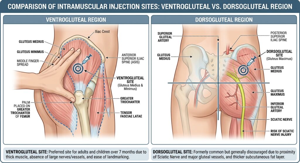 Medical illustration comparing ventrogluteal and dorsogluteal IM injection sites for intramuscular T shots, showing muscles, nerves, blood vessels, and labeled anatomical structures on the hip/buttock regions.