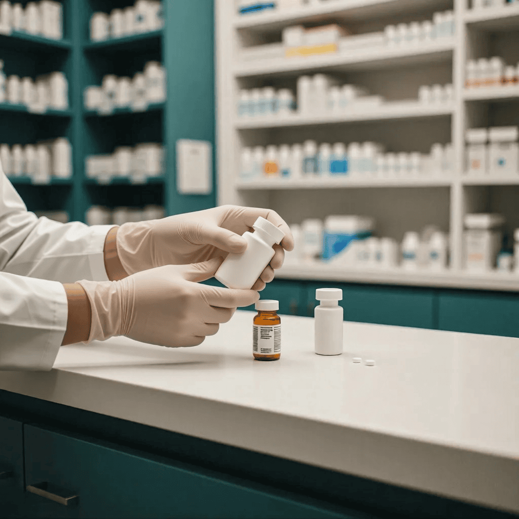 Gloved hands holding an unlabeled white bottle at a pharmacy counter, with medication shelves in the background.