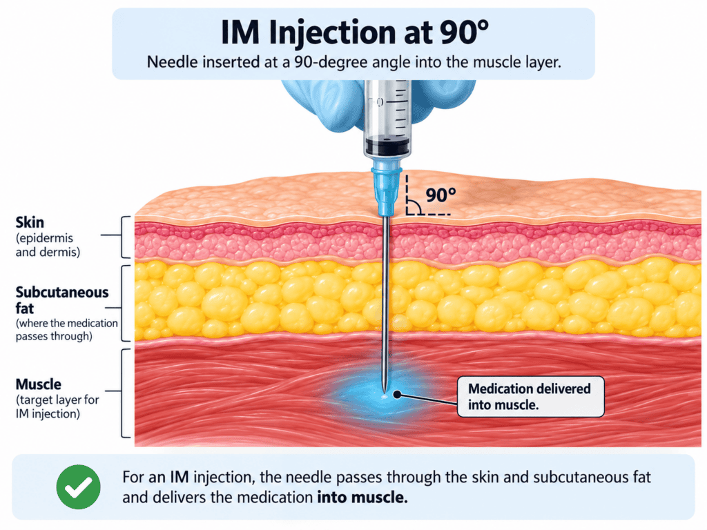 A syringe needle inserted at a 90-degree angle through skin and fat layers to deliver medication into muscle, showing the IM injection technique used for intramuscular T shots. Layers labeled: skin, subcutaneous fat, and muscle.